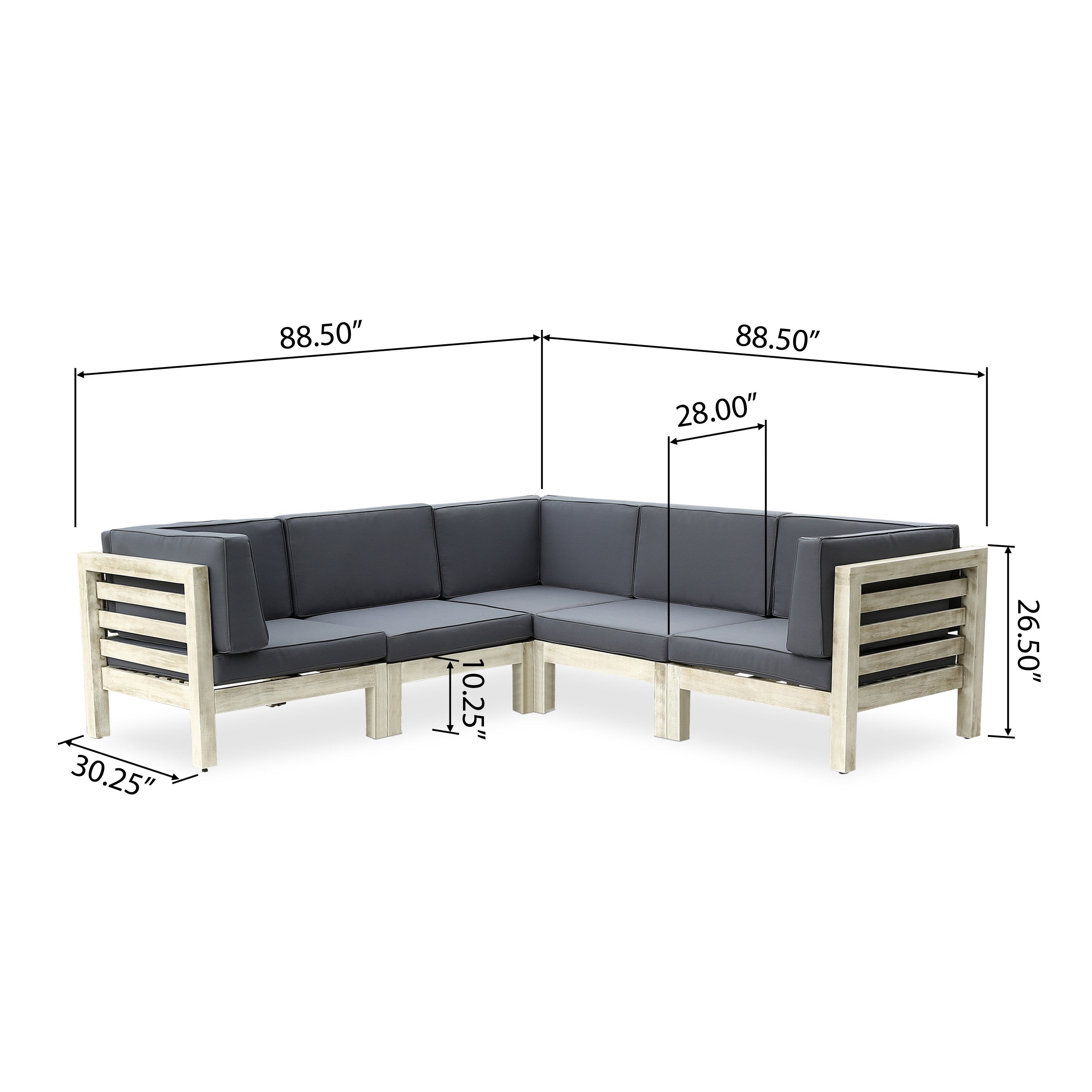 Dawson Outdoor V-Shaped Sectional Sofa Set - 5-Seater - Acacia Wood - Outdoor Cushions