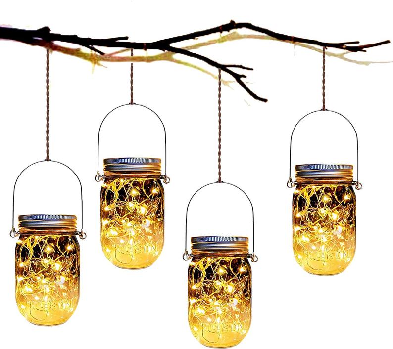 Outdoor Solar Garden Mason Jar Decor Lights With 20LED Fairy String Light Solar Hanging Lanterns for Yard Patio DIY Party Wedding Decoration (1 Piece)