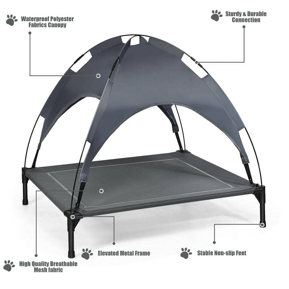 WELLFOR 41.5 in. Extra-Large Gray Metal Bed Portable Outdoor Elevated Pet Bed Cooling Dog Cot with Removable Canopy Shade PS-HWY-7353-XL