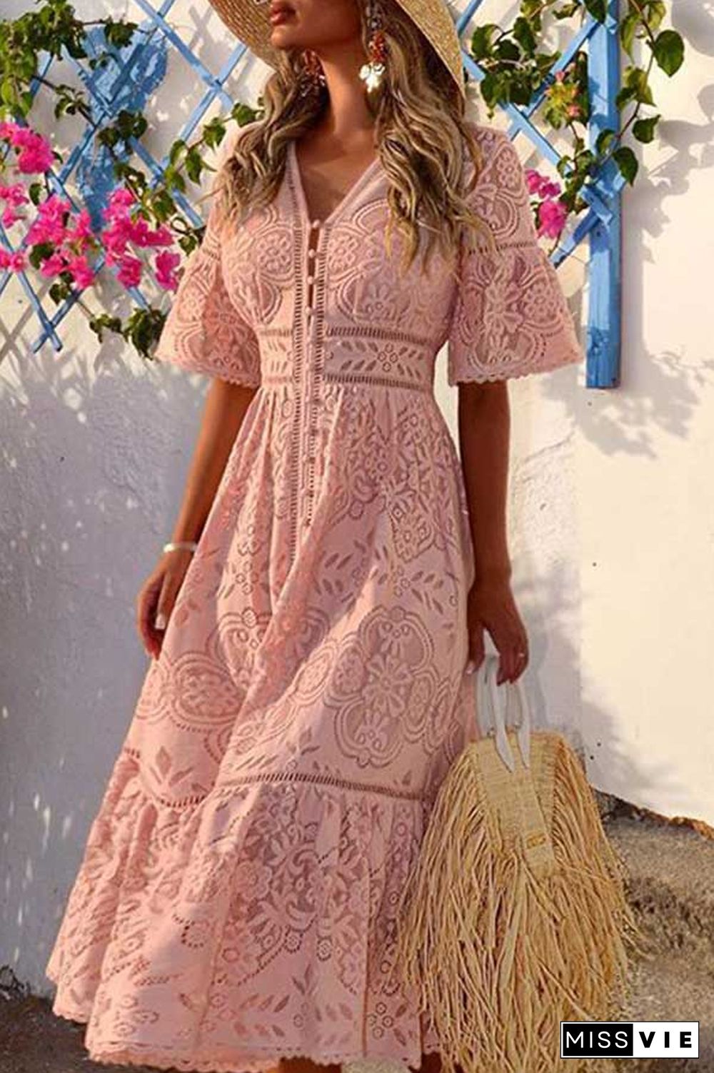 Ruffled V-neck Button Up Lace Dress