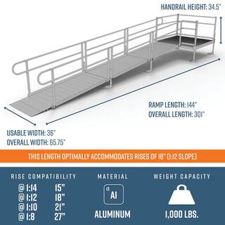 EZ-ACCESS PATHWAY 18 ft. Straight Aluminum Wheelchair Ramp Kit with Solid Surface Tread 2-Line Handrails and 5 ft. Top Platform PS18S55T