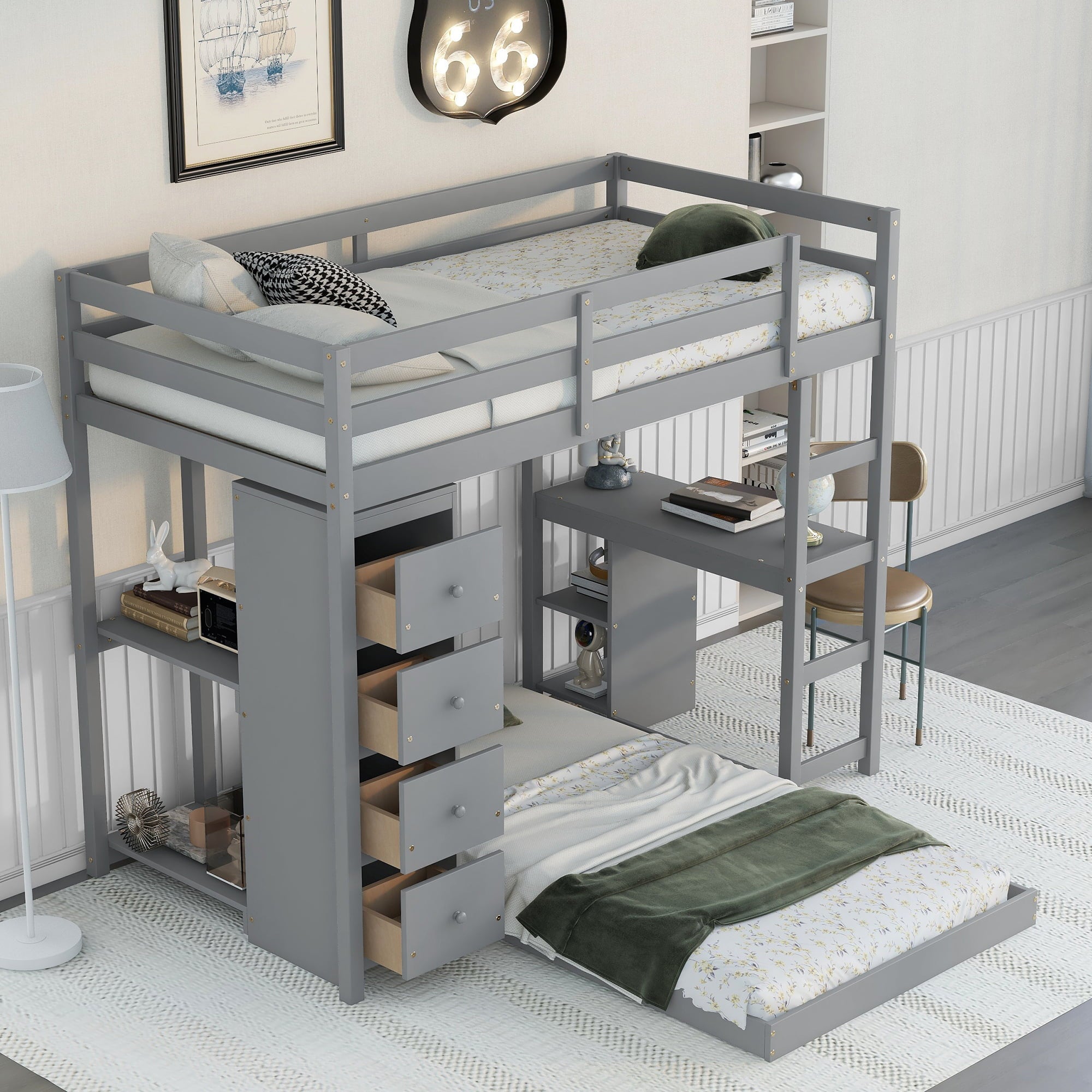 Euroco Twin Over Twin Loft Bed with Four Drawers and Ladder for Kids, Gray