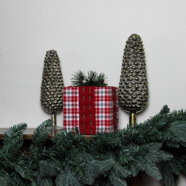 Red And Green Plaid Square Gift Box With Pine Bow Table Top Christmas Accent