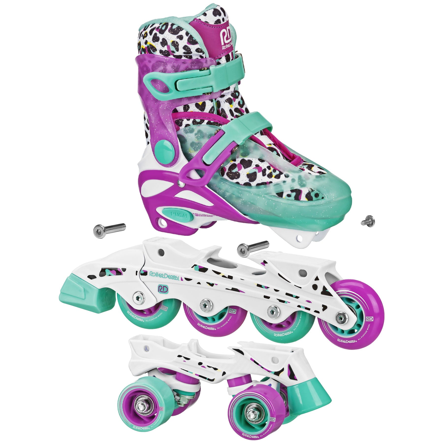 Roller Derby Sprinter Girl's 2-in-1 Adjustable Quad Roller and Inline Skates Combo, Leopard, Small (12-2)