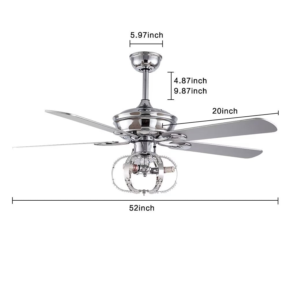 Modern 5 Blades Ceiling Fan Light with Remote Control， 3-Light Silvertone Reversible Chandelier Fan with 3 Speeds Changing 52 inch