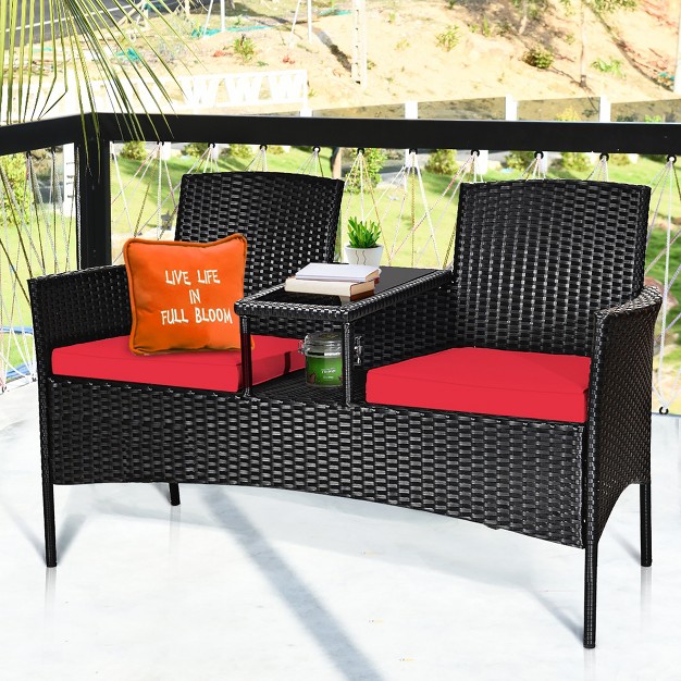 Costway Patio Rattan Conversation Set Seat Sofa Cushioned Loveseat Glass Table Chair Red turquoise