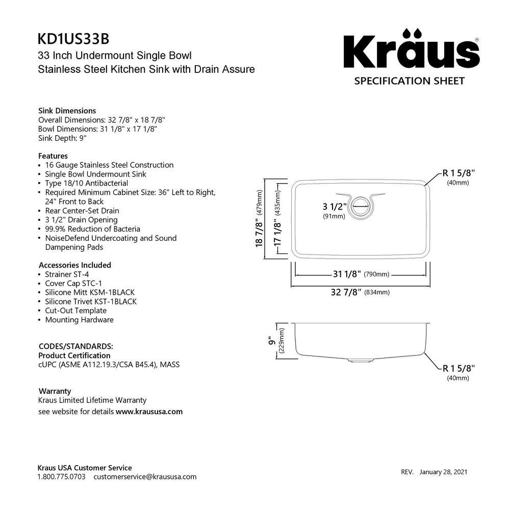 KRAUS Dex 33 Undermount 16 Gauge Stainless Steel Single Bowl Kitchen Sink KD1US33B