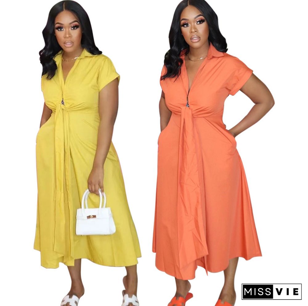 Women Summer Short Sleeve Turn Down Collar Solid Deep V Lace Up Belt Shirt A Line Maxi Long Dresses