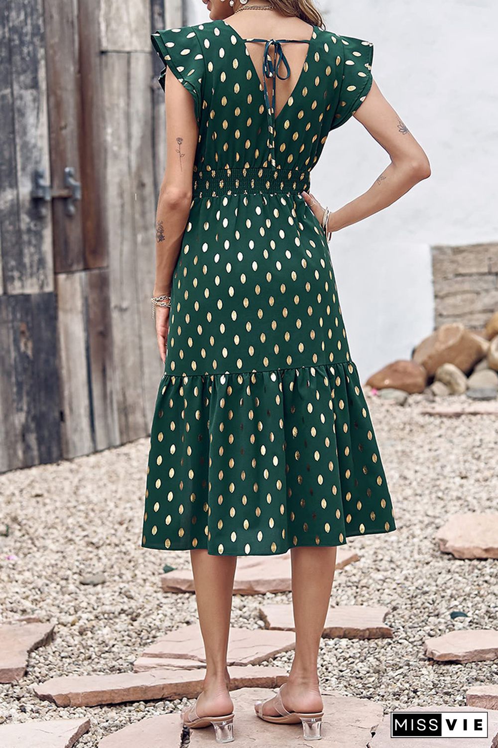 V Neck Foil Spot Print High Waist Midi Dress