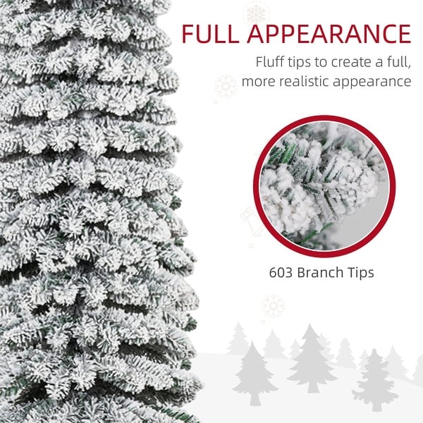 HOMCOM 8' Tall Unlit Snow Flocked Artificial Christmas Tree，Slim Pencil Xmas Tree with Realistic Branches and 603 Tips，Green