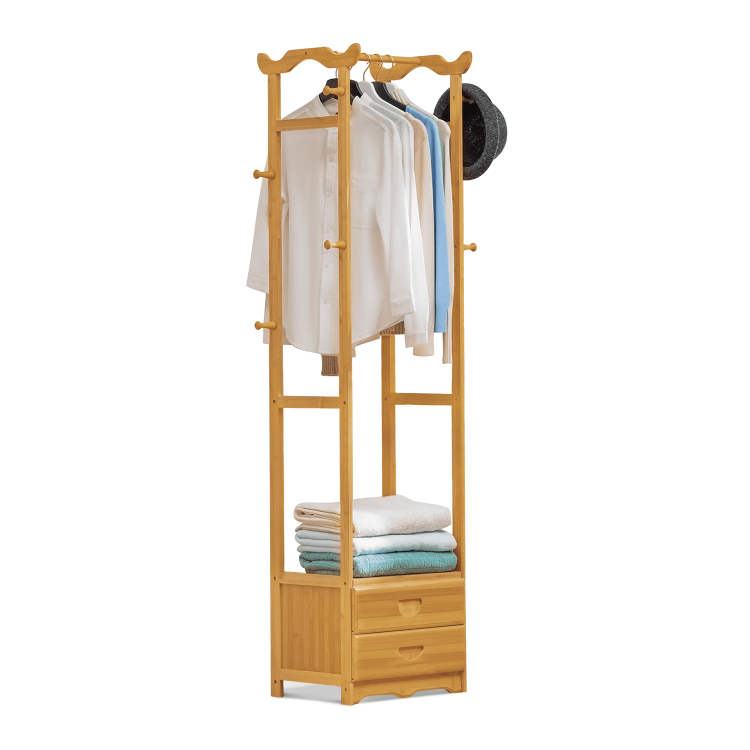 MoNiBloom Bamboo 2 Tiers 2 Drawers Coat Rack， Modern Clothes Storage Shelf， Natural， for Bedroom