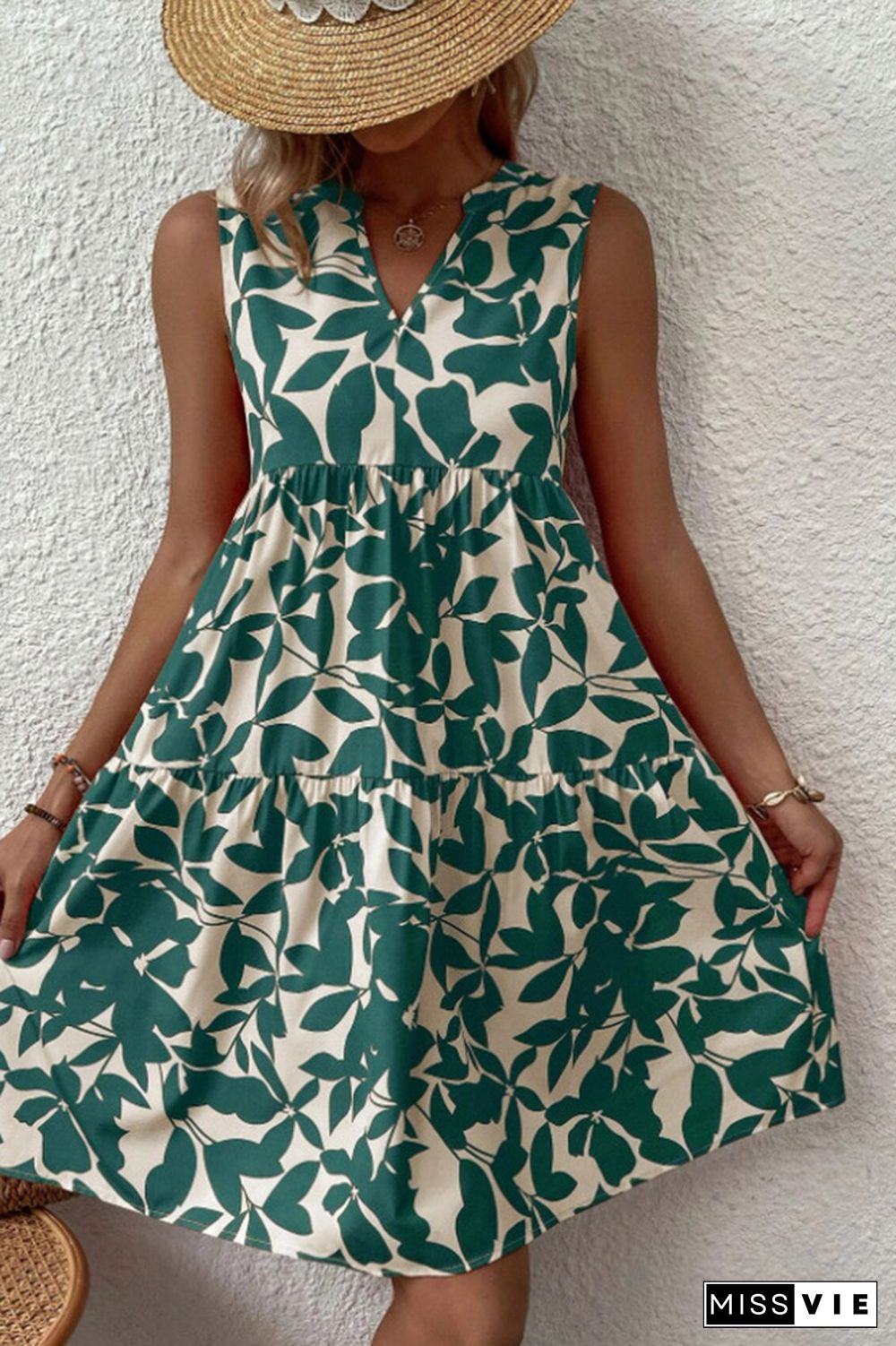 Sleeveless V Neck Flower Print Splicing Dress