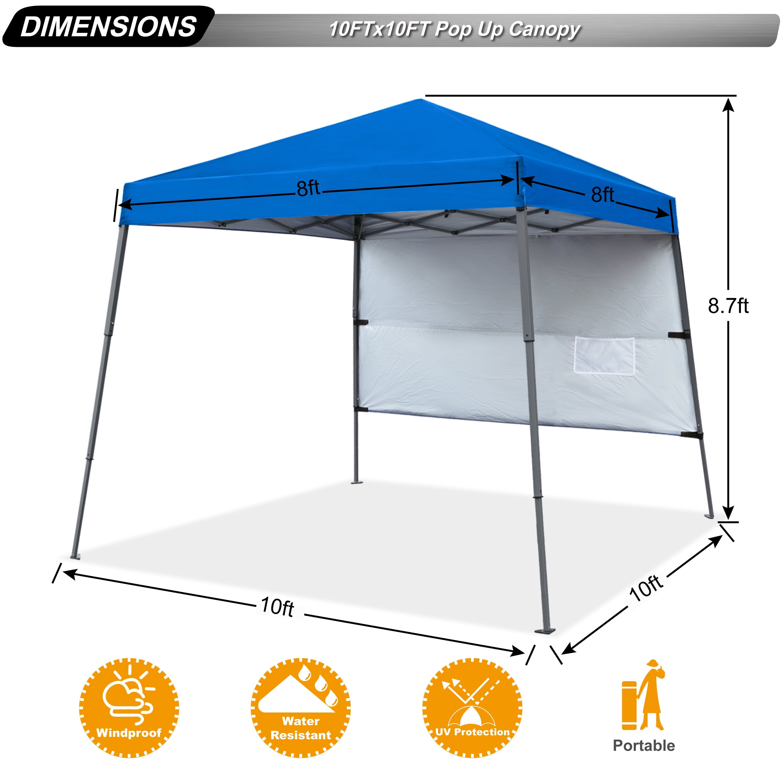 ABCCANOPY 10 ft x 10 ft Outdoor Pop up Slant Leg Canopy Tent with 1 Sun Wall and 1 Backpack Bag - Blue