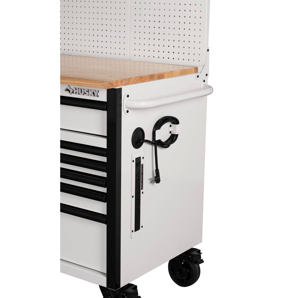 Husky 56 in. W x 27.6 in. D Heavy Duty 10-Drawer Gloss White Mobile Workbench with Pegboard and Top Cabinets H56ULTWSGW