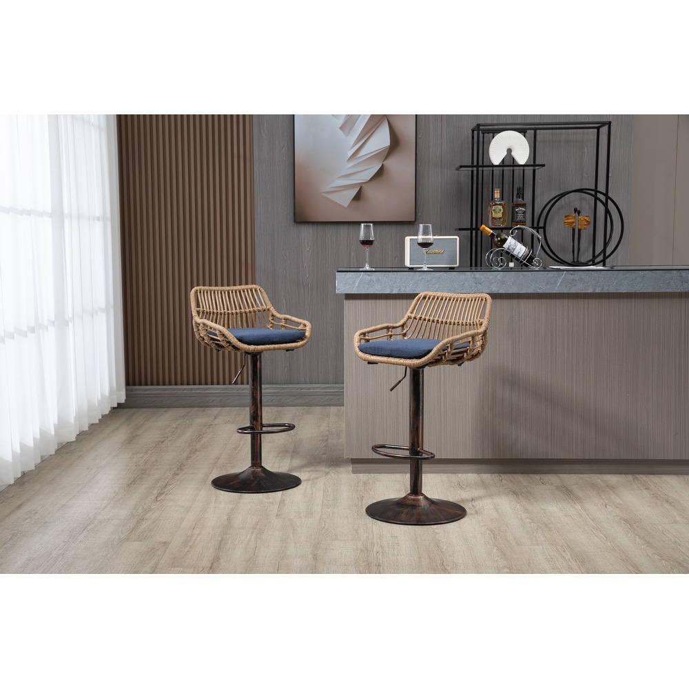 2pcs Swivel Bar Stools Adjustable Counter Height Chairs with Rattan Back and Footrest for Kitchen Island Dining Chair  Blue