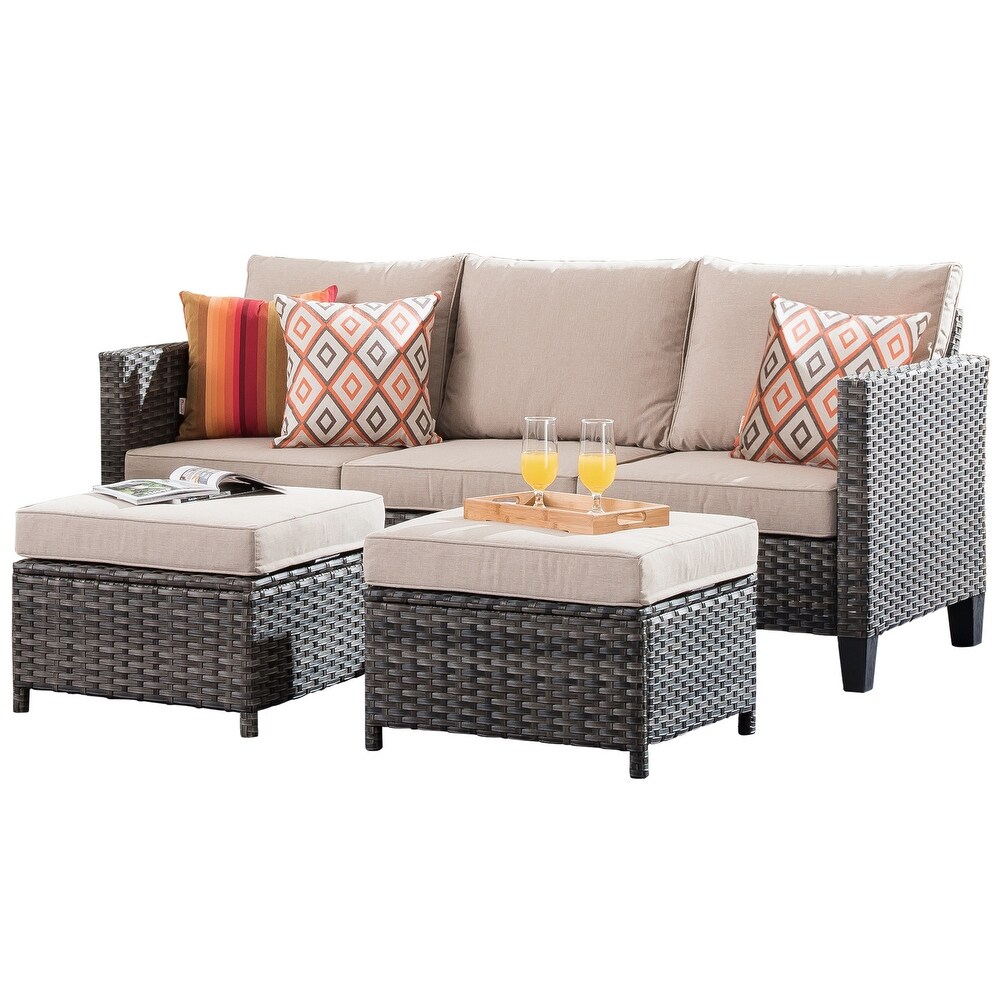 OVIOS 3 piece Outdoor High back Wicker Sectional Ottoman Set
