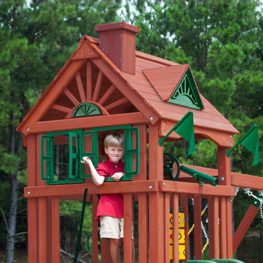 Gorilla Playsets Nantucket II Wooden Outdoor Playset with Wave Slide Rock Wall Sandbox Swings and Backyard Swing Set Accessories 01-0021