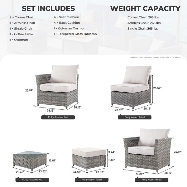 HOOOWOOO Patio Furniture Outdoor 6piece Grey Rattan Sectional Set with Ottoman