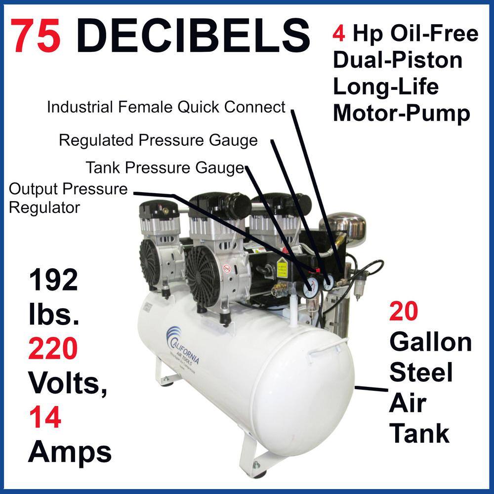 California Air Tools 20 Gal. 4.0 HP Ultra Quiet and Oil-Free Electric Stationary Air Compressor with Air Dryer System 20040DC