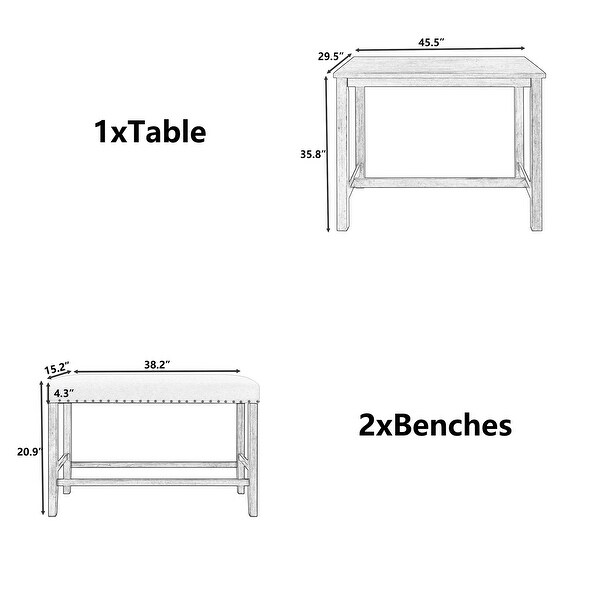 3-Piece Rustic Wood Counter Height Dining Table Set with 2 Upholstered Benches for Country House City Apartment Dining Room