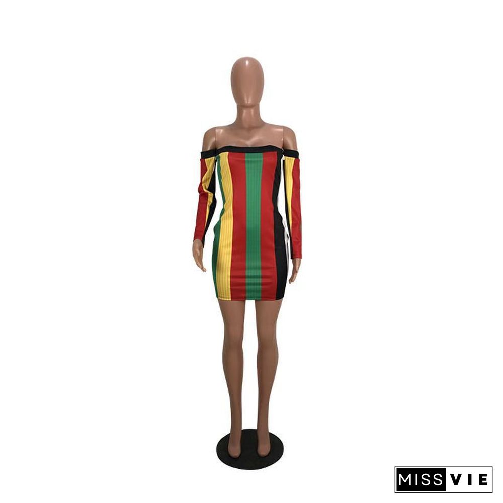 Sexy Strapless Off Shoulder Rainbow Stripes Mini Bodycon Dress