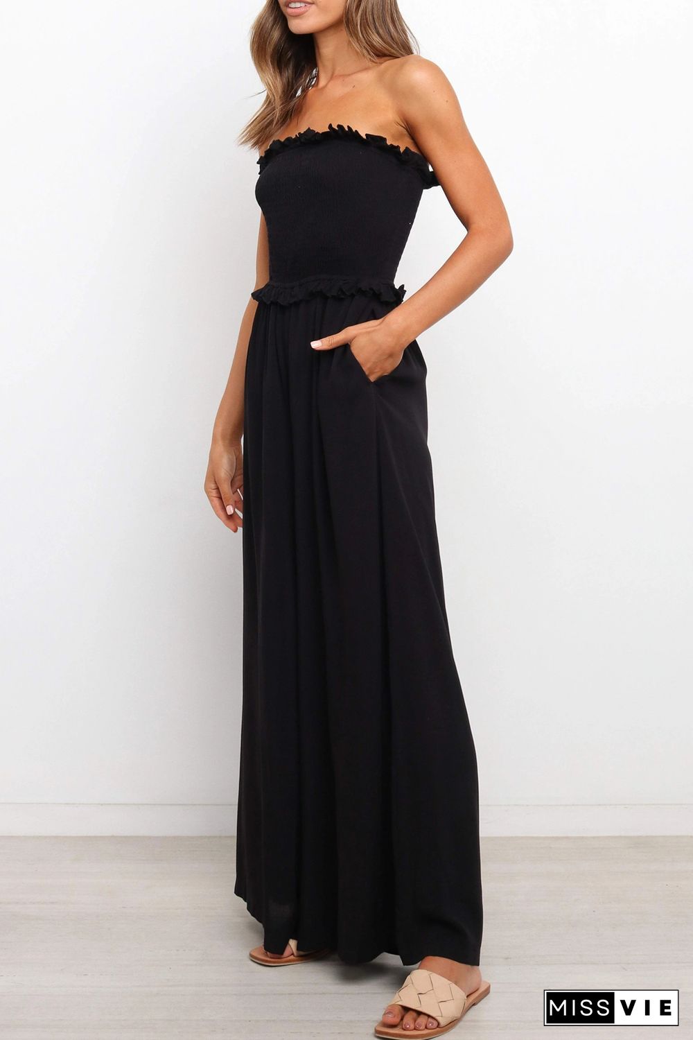 Black Smocked Bandeau Wide Leg Jumpsuit