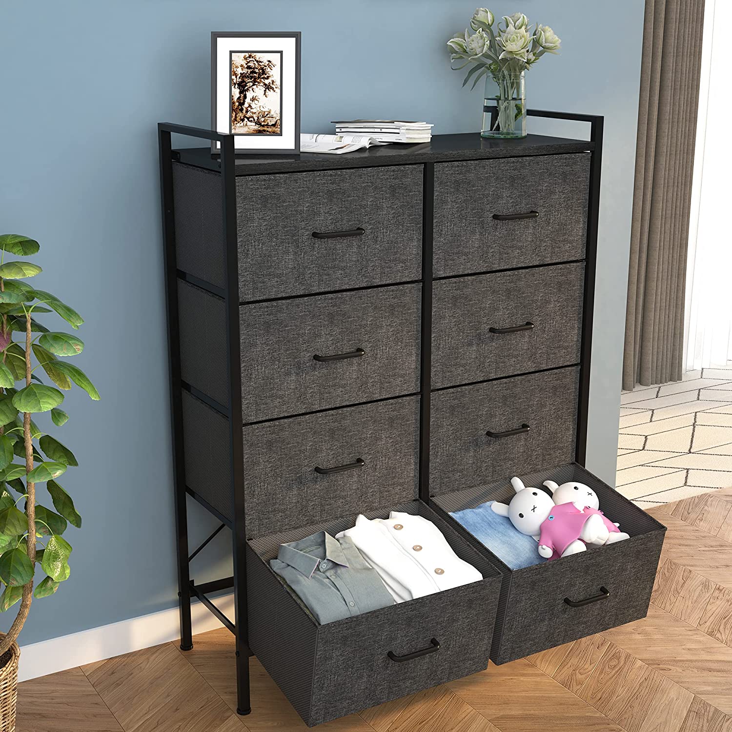 DWVO 8 Drawer Dresser for Bedroom Tall Fabric Dresser Storage Tower Cabinet Bin Storage Organizer for Living Room Kids Room, Black Gray