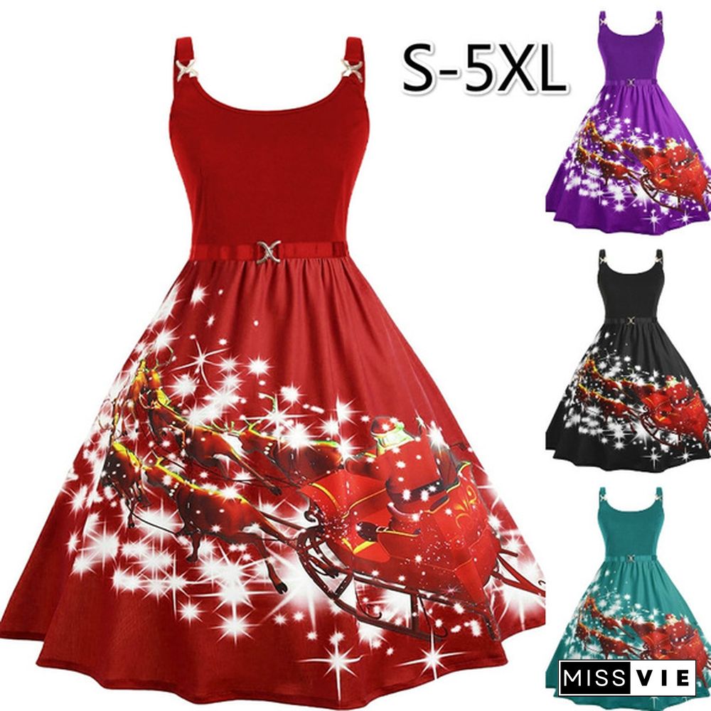 New Fashion Women Casual Merry Christmas Elk Santa Printed Slim Waist Sleevless Dresses Plus Size S-XXXXXL