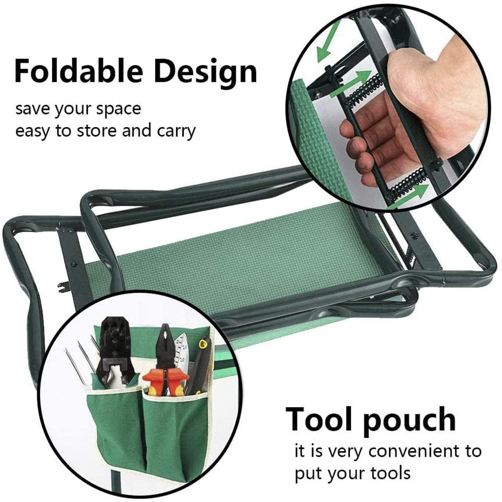 Garden Kneeler and Seat, Folding Garden Bench Stool Portable Garden Kneeler Sturdy Gardening Tools with 1 Tool Pouch, EVA Kneeling Pad