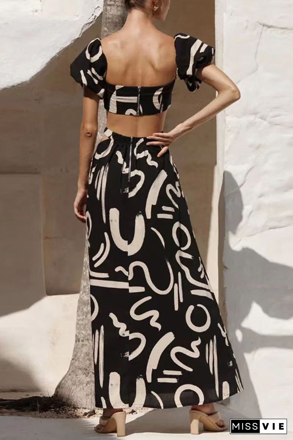 Puff Sleeve Top Hollow Out Big Swing Long Skirt Suit