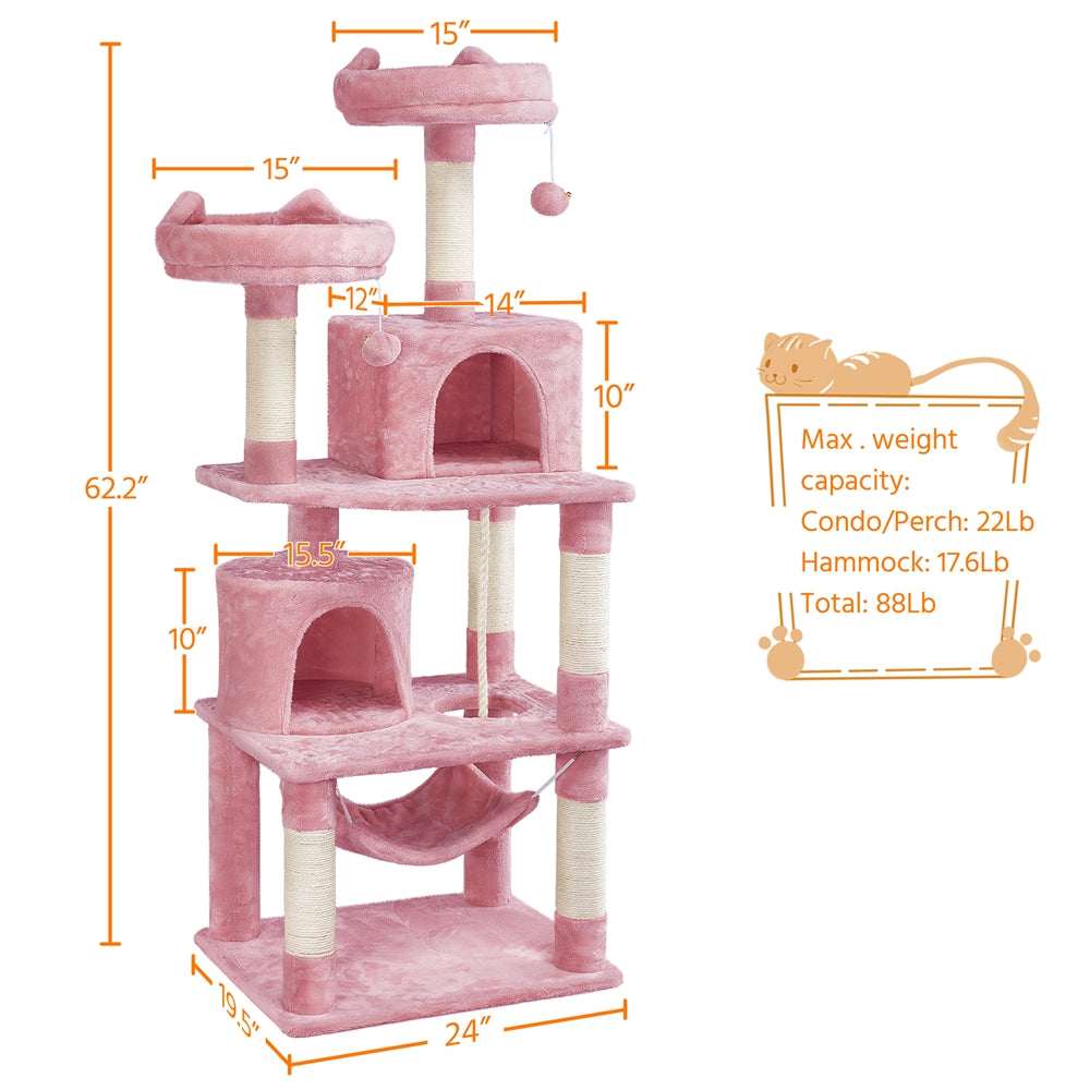 SMILE MART 62.2" Double Condos Cat Tree and Scratching Post Tower, Pink