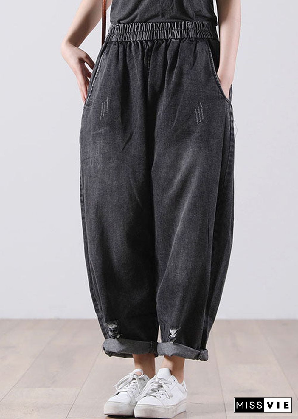 Black Pockets Cotton Denim Harem Pants High Waist Hole Fall