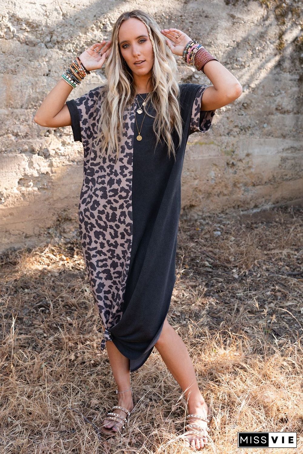 Black Contrast Solid Leopard Short Sleeve T-shirt Dress with Slits