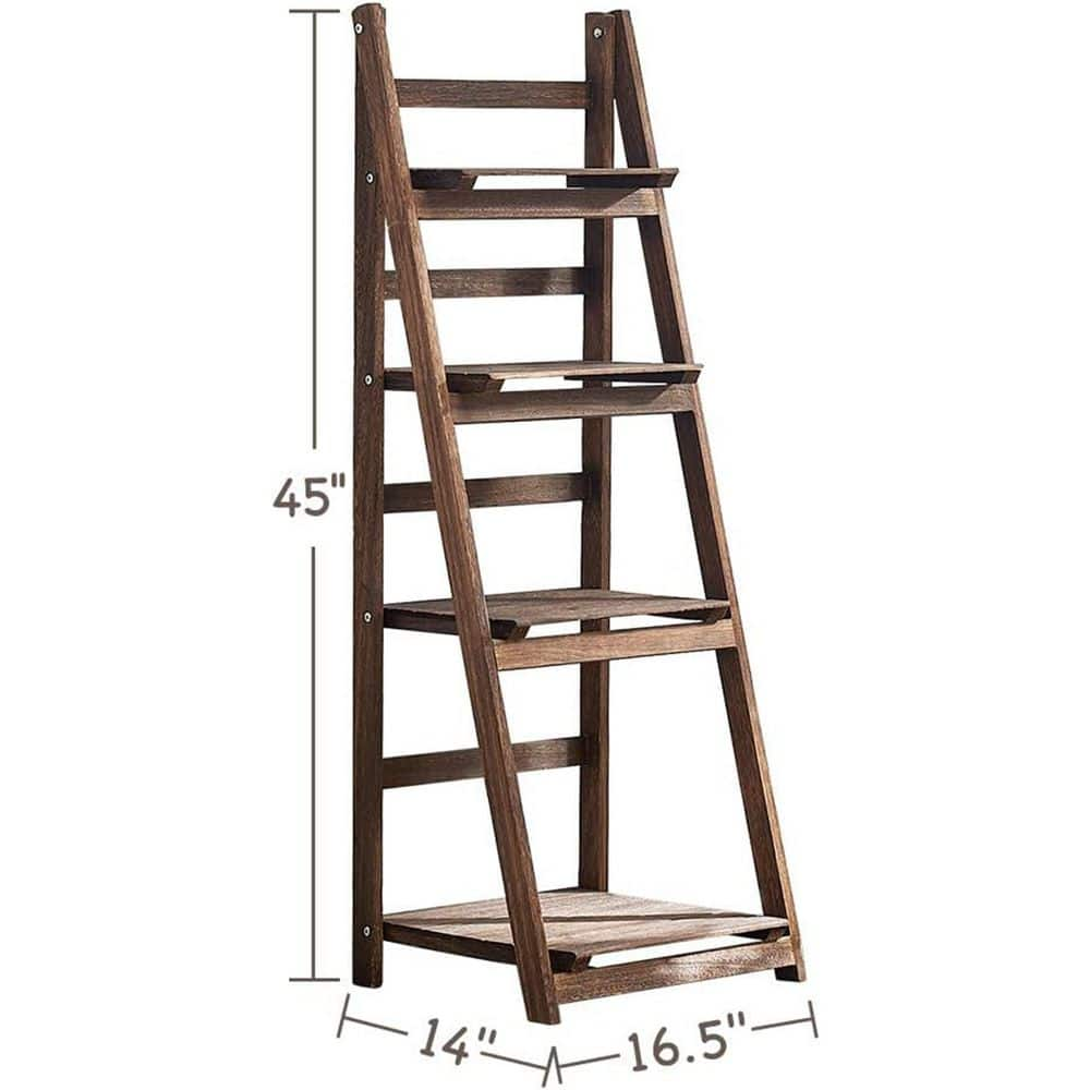 Dyiom 45 in. Outdoor Brown Foldable Ladder Shelf Patio Rustic Wood Plant Stand with Shelves (4-Tier) B07DW5N888