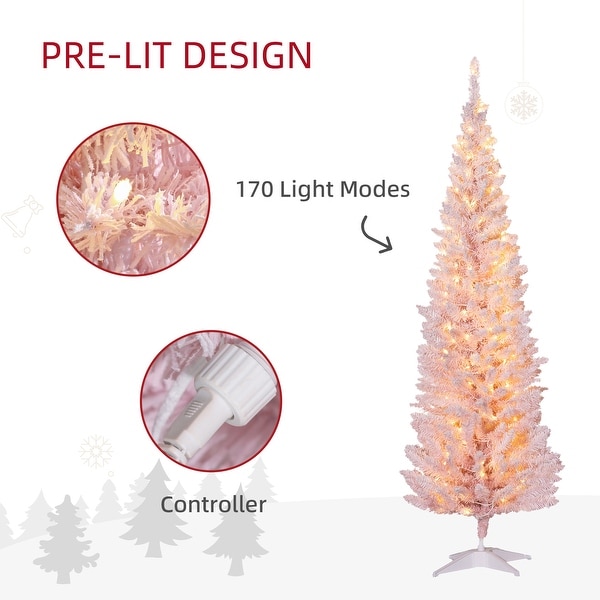 HOMCOM 6' Tall PreLit Slim Noble Fir Artificial Christmas Tree with Realistic Branches，170 Warm White LED Lights and 390 Tips