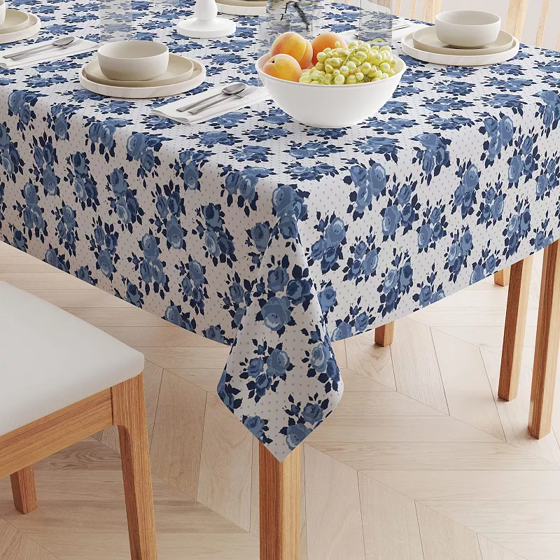 Rectangular Tablecloth， 100% Cotton， 52x84， Blue Floral and Dots