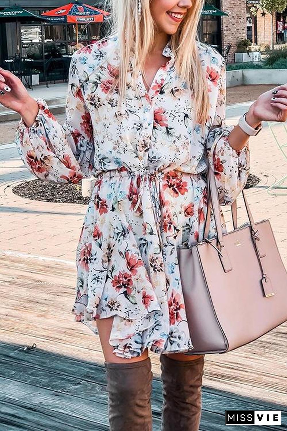 Floral Print Long Sleeve Mini Dress