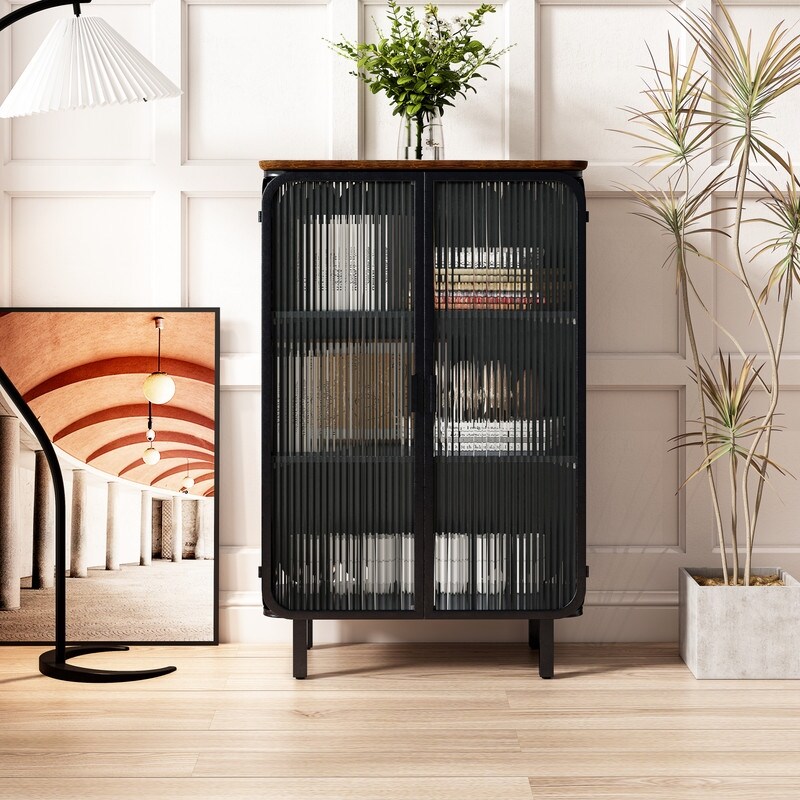 Glass Two door Cabinet with Featuring Three tier Storage