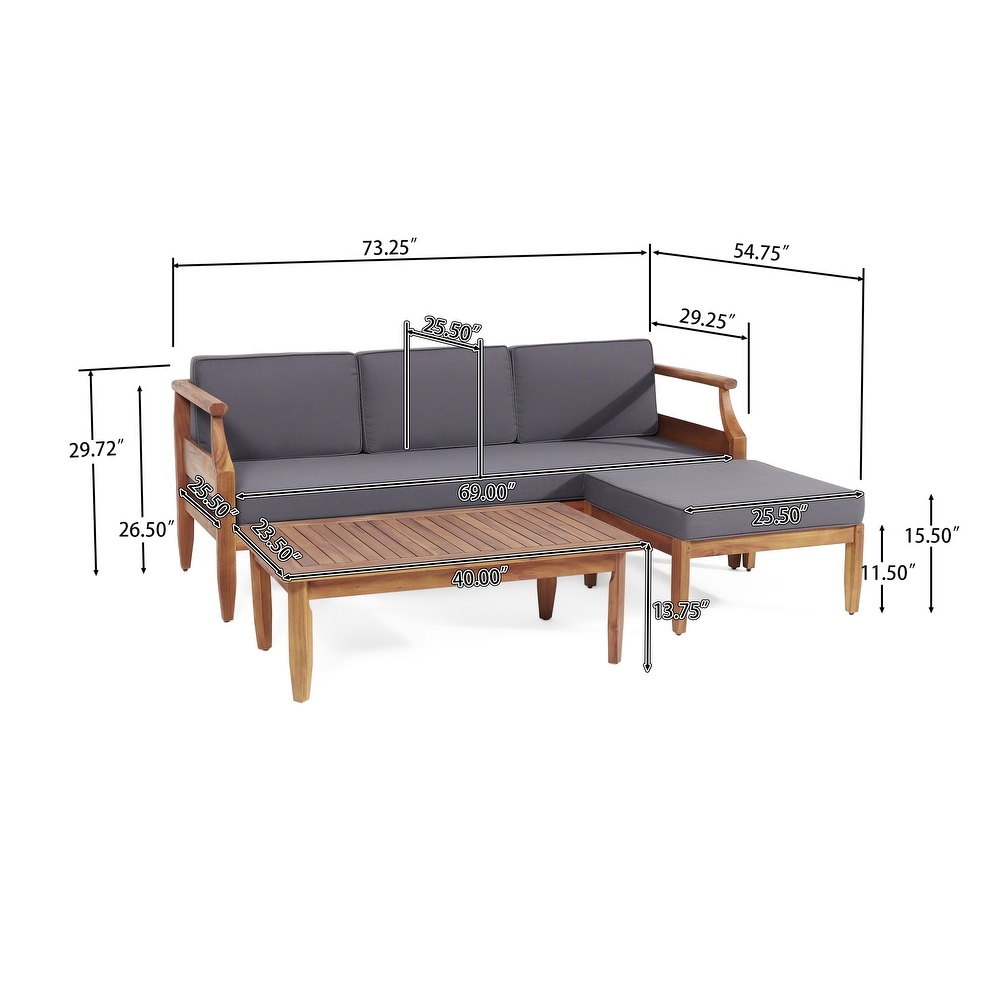 Aston Outdoor Outdoor Acacia Wood 3 Seater Sofa Chat Set with Ottoman by Christopher Knight Home