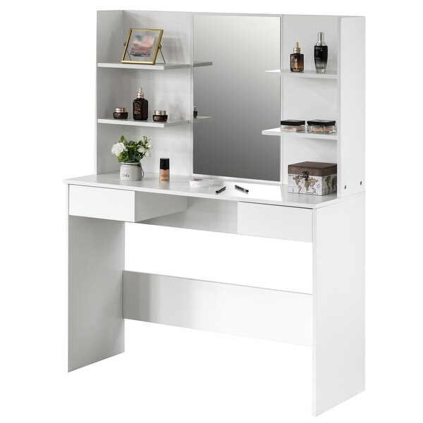 Modern Wooden Dressing Table with Drawer，Mirror and Shelves