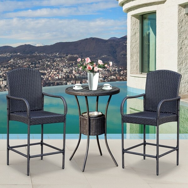 3 Pieces Rattan Wicker Bar Set with Ice Buckets，1 Bar Table and 2 Bar Stools for Poolside，Backyard，Porches