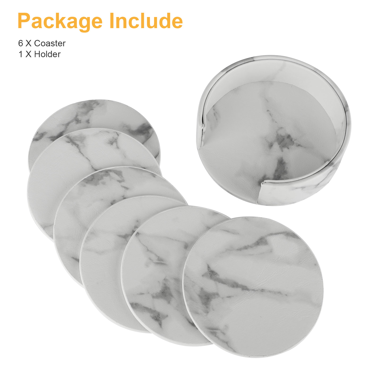 6Pcs Marble Leather Coasters， TSV Leather Coasters with Holder， Non-Slip Coffee Cup Pads， Marble Coasters for Drinks， Round Marble Pattern Mats for Bar Kitchen， White