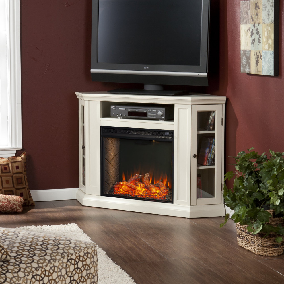 Transitional Corner TV Console  Fireplace With Voice Enabled Technology  White   Transitional   Entertainment Centers And Tv Stands   by Declusia  Houzz