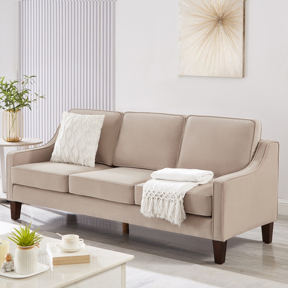 Modern Straight Row Settee Sofa 3 seat Taupe Velvet Sofa Couch Thick Back Couch with Scooped Armrest for Living Room