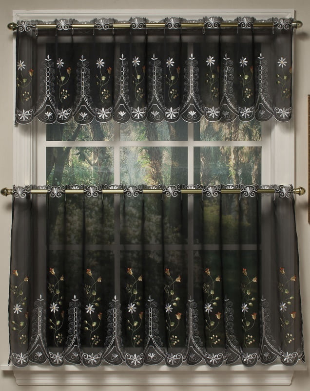 Samantha embroidered sheer black 36 kitchen curtain tier