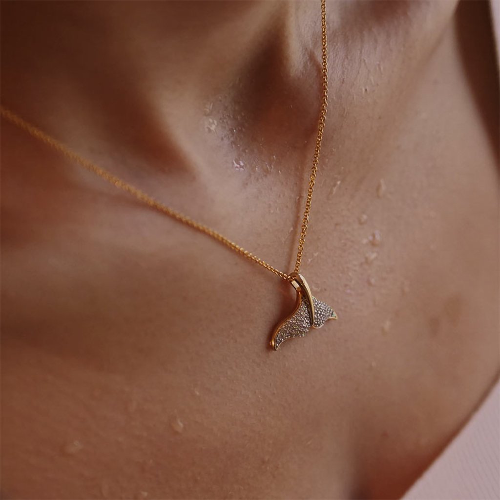 Ocean  Whale Tail Necklace with Cubic Zirconias - 14K Gold Vermeil