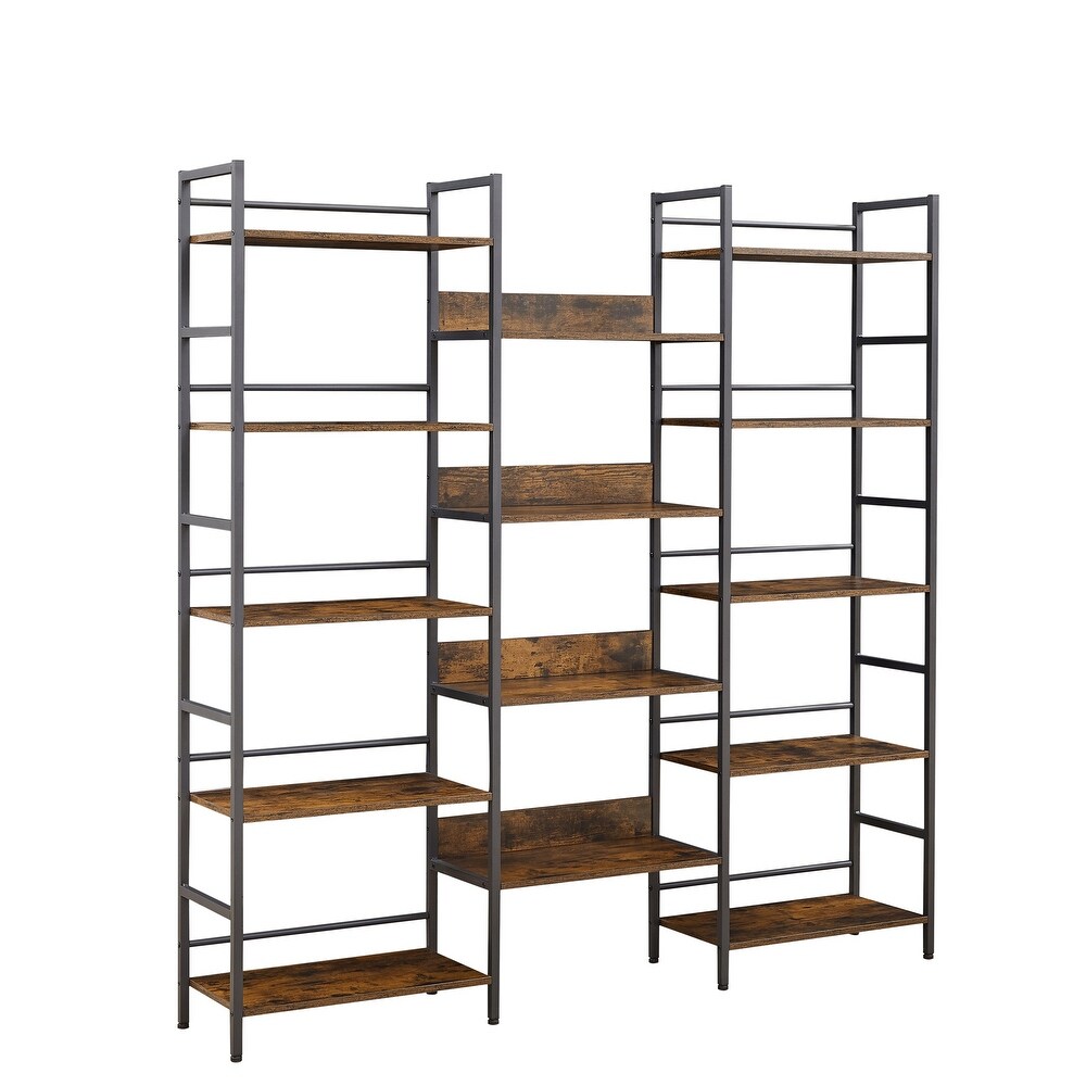 Triple Wide 5 shelf Bookshelves Industrial Retro Wooden Style Home and Office Large Open Bookshelves