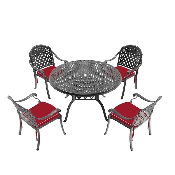 5/7Piece Cast Aluminum Outdoor Dining Set with 48.03 in. Round Table and Random Color Cushions