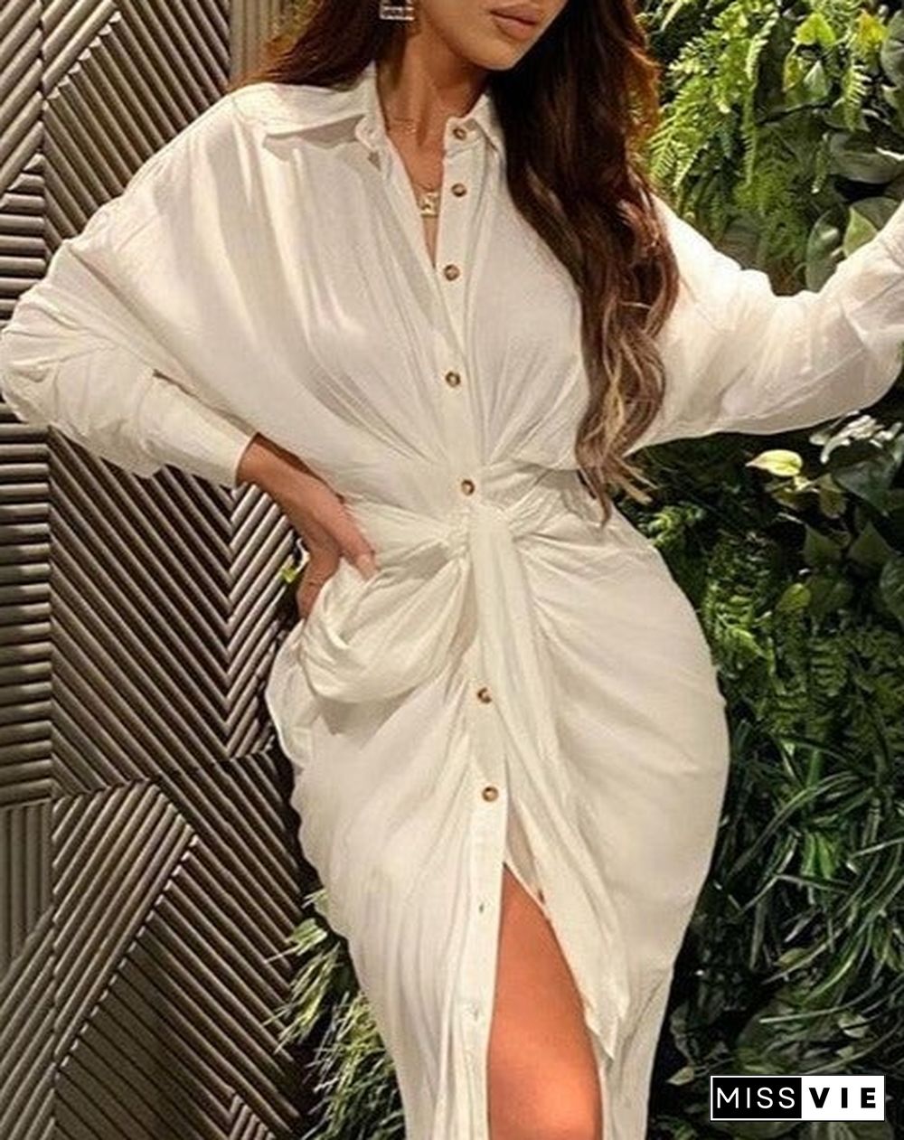 Ruched Button Front Long Sleeve Shirt Dress White Dresses