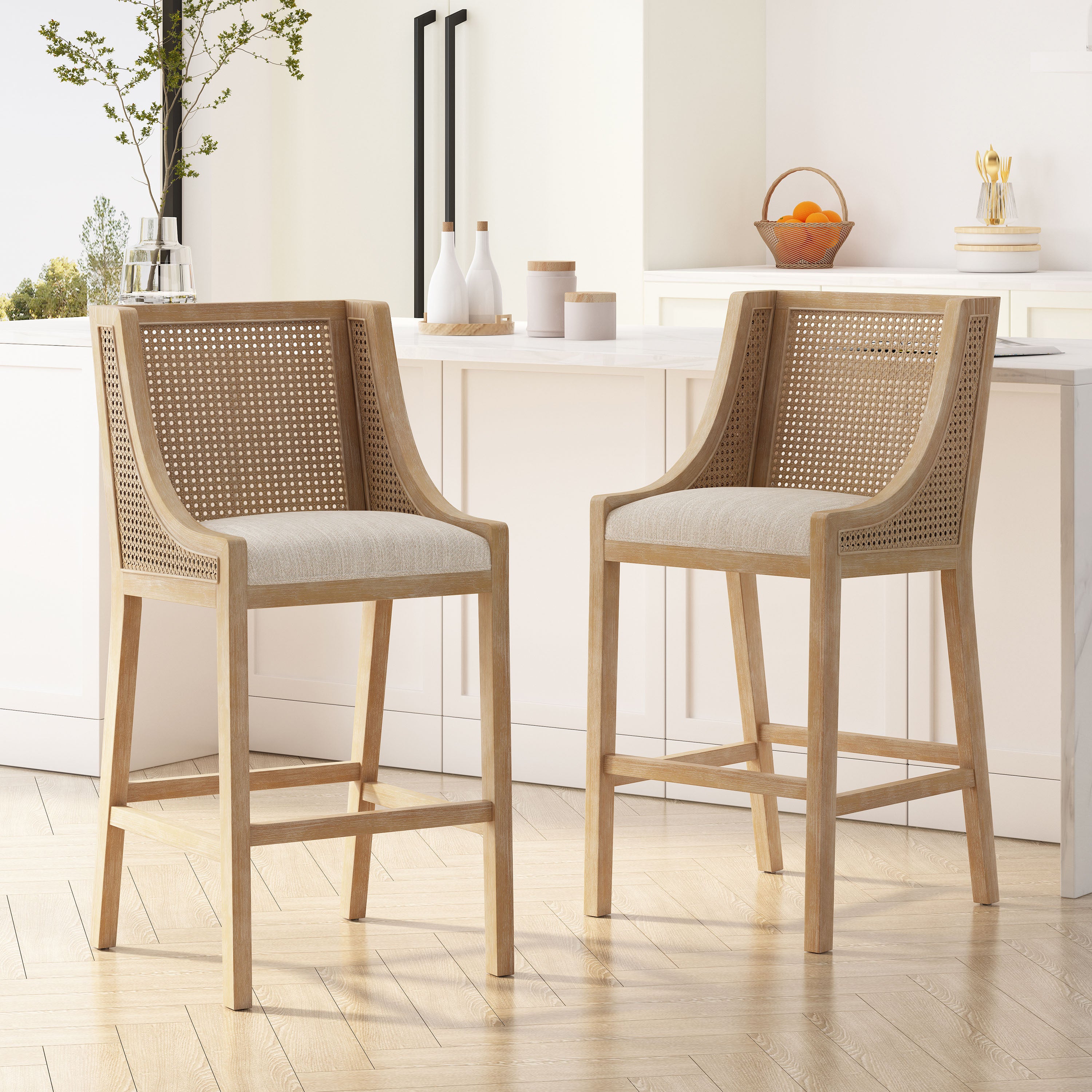 Oneida Rustic Fabric Upholstered Wood and Cane 30 inch Barstools, Set of 2